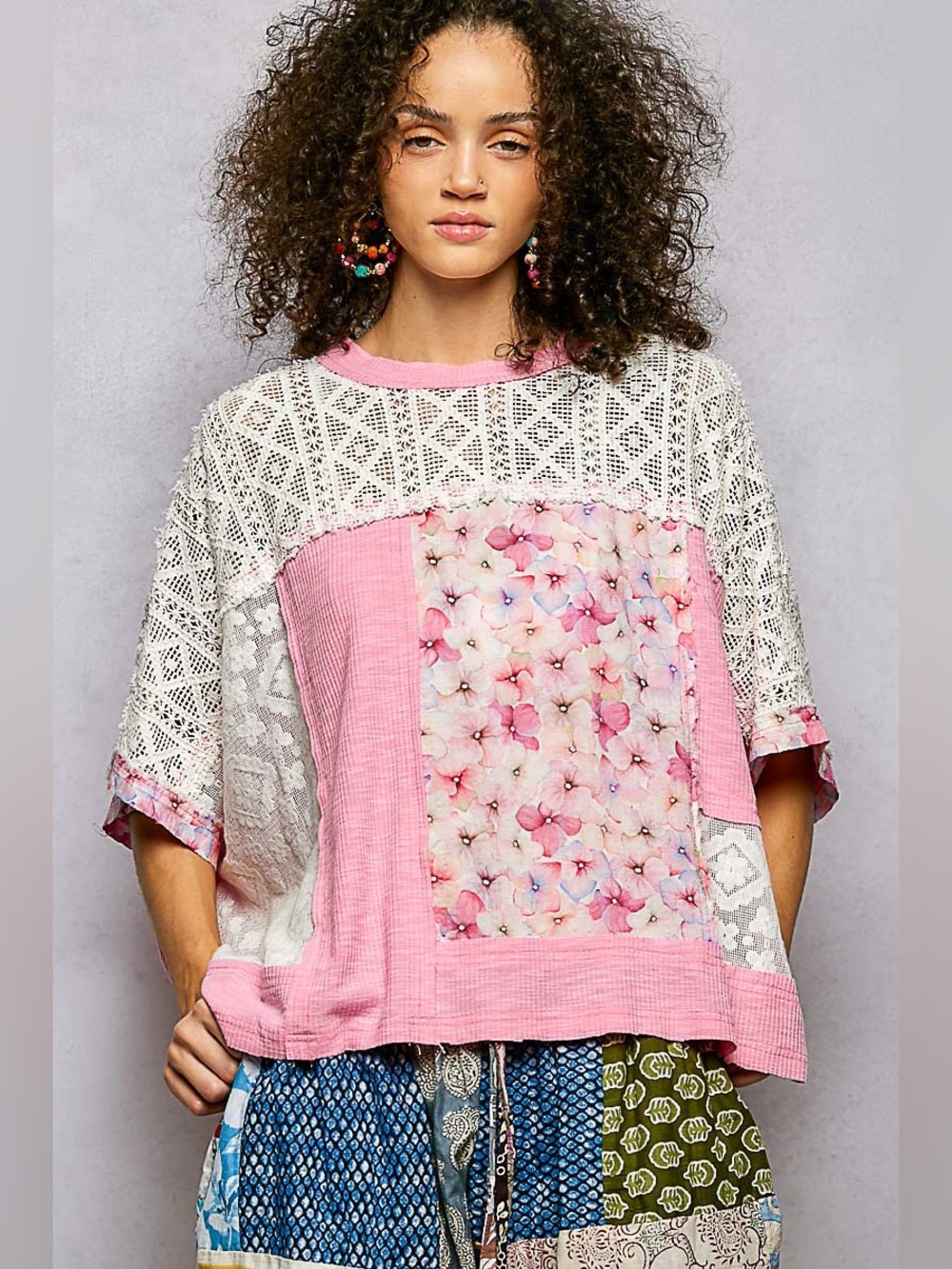 POL Pink Patchwork Floral Lace Top